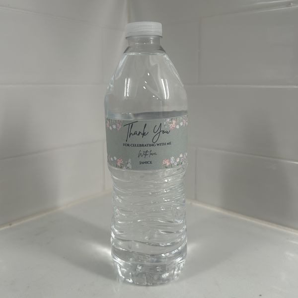Custom floral water bottle label reading Thank you for celebrating with me, personalized for Janice