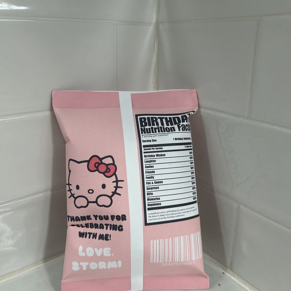 Back of custom Hello Kitty birthday chip bag with playful birthday nutrition facts and thank you message