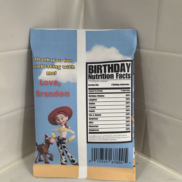Back of custom Toy Story birthday chip bag with Jessie and playful birthday nutrition facts
